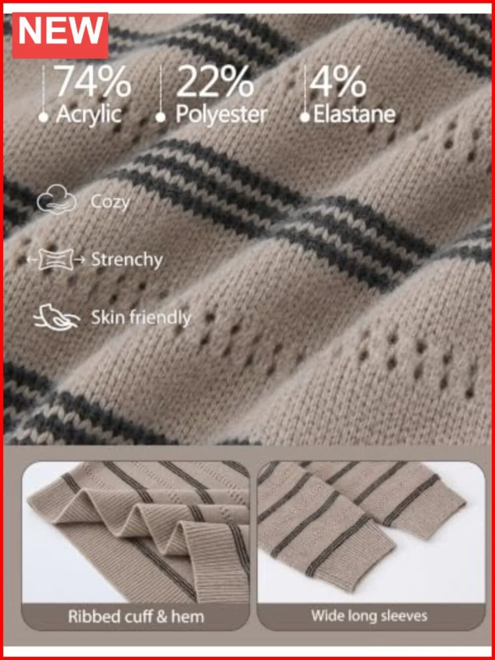 Crew Neck Long Sleeve Striped Pullover Sweater Knit Loose Fit